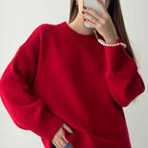 ژاکت بافتنی اورسایز یقه گرد قرمز مادمکس مدل MG1972